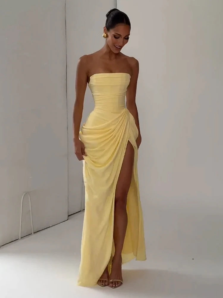 Solid Pleated Strapless Dress