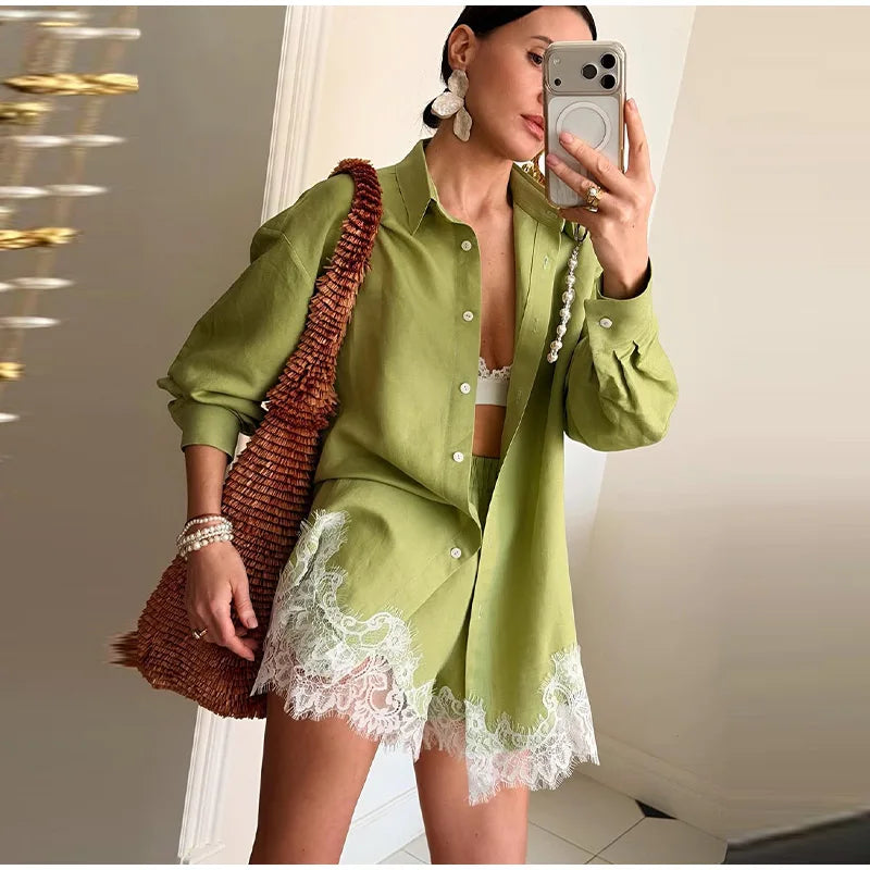 Long Sleeve Button Up Lace Patchwork Shorts Set