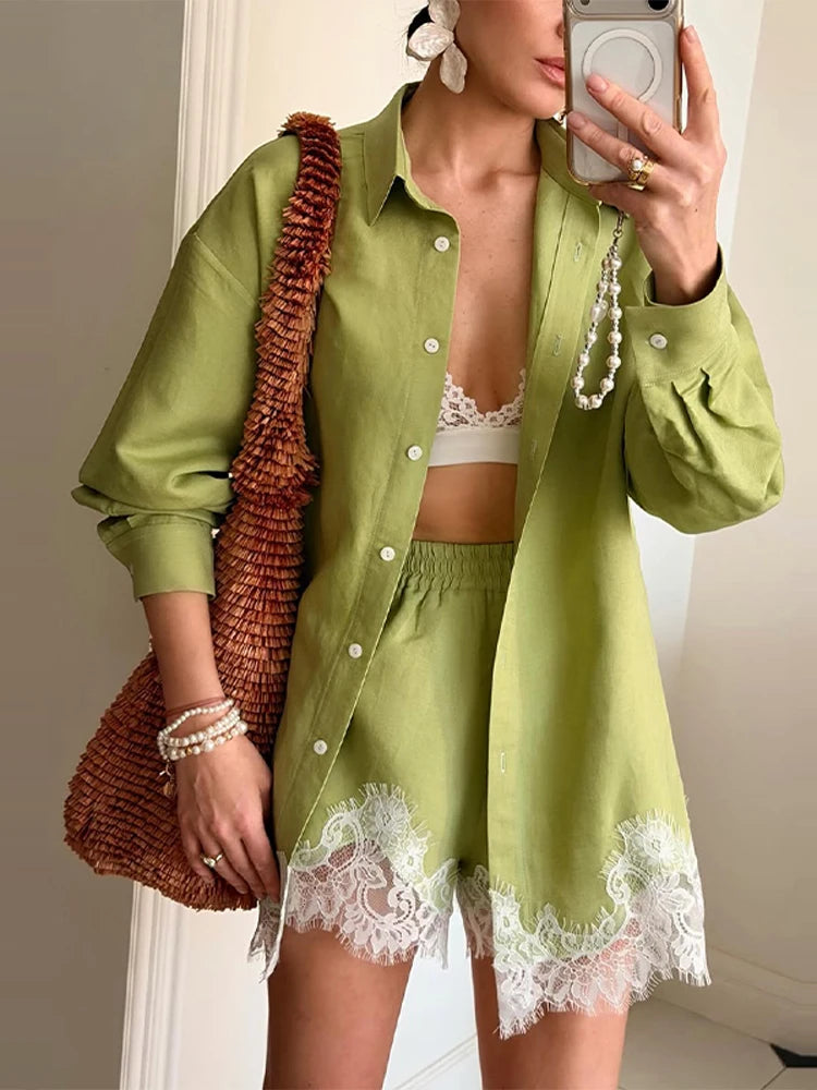 Long Sleeve Button Up Lace Patchwork Shorts Set