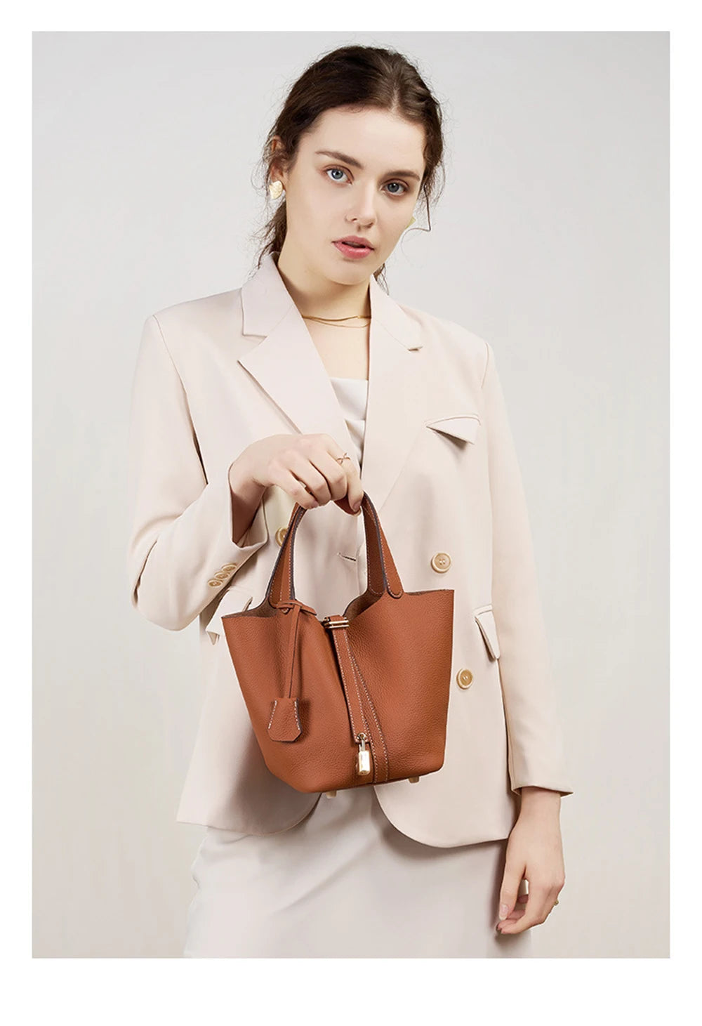 Genuine Leather Bucket Bag with Lock