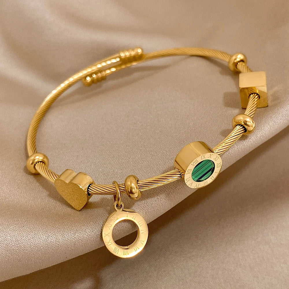 Stainless Steel Malachite Charm Bracelet