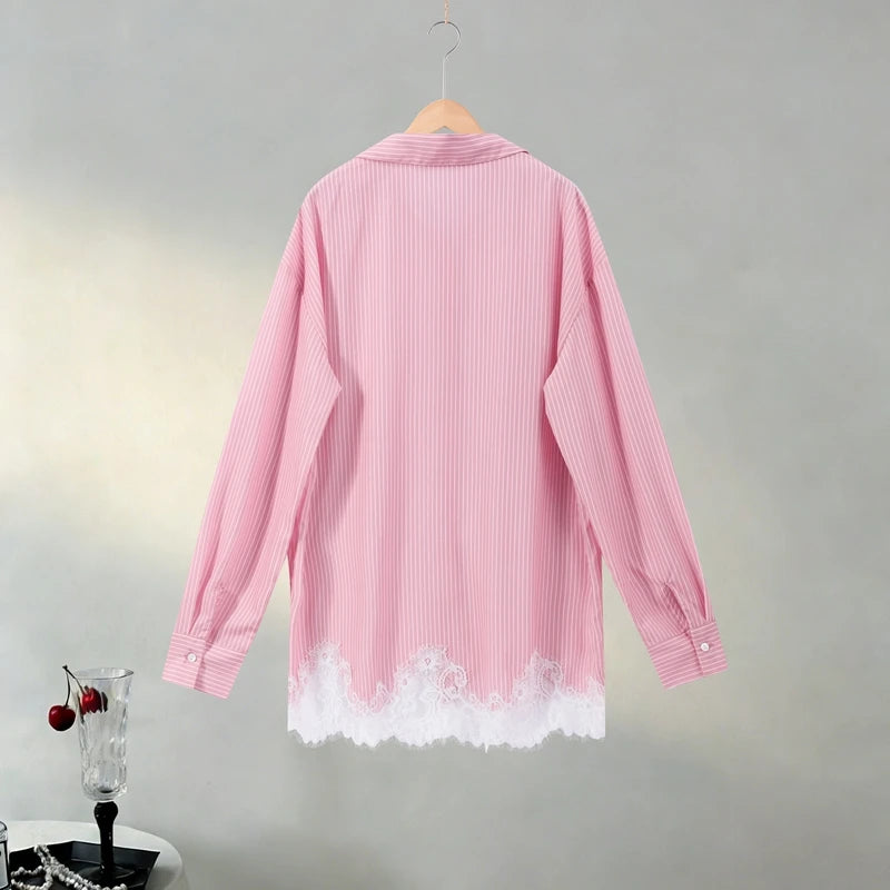 Long Sleeve Button Up Lace Patchwork Shorts Set