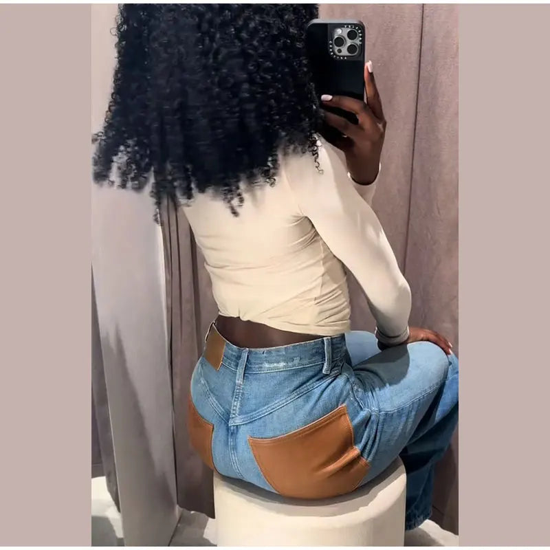 Leather Patchwork Denim Trousers
