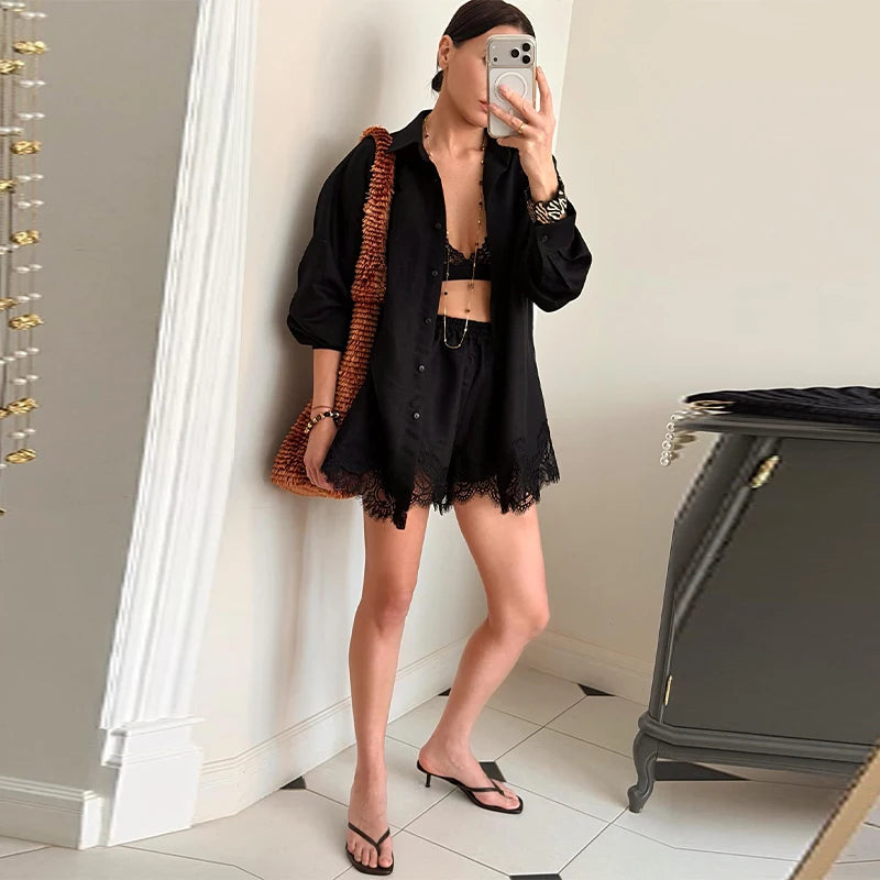 Long Sleeve Button Up Lace Patchwork Shorts Set