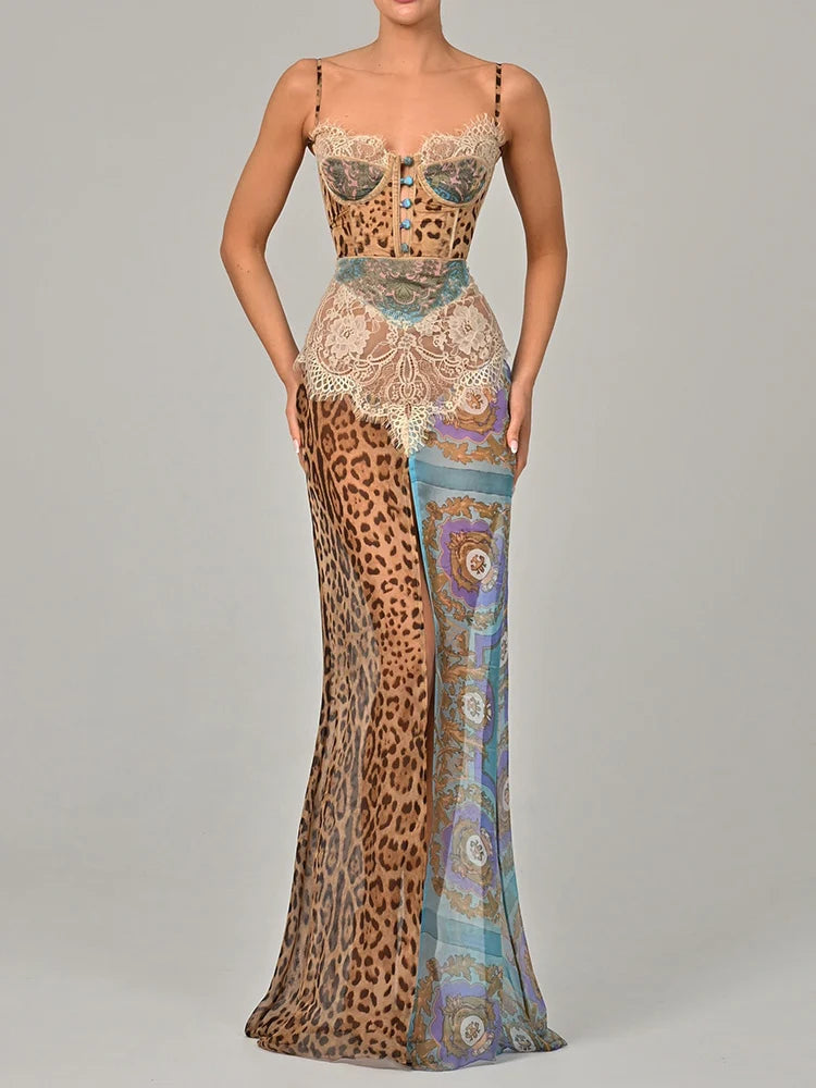 Sheer Leopard Print Lace Chiffon Maxi Dress