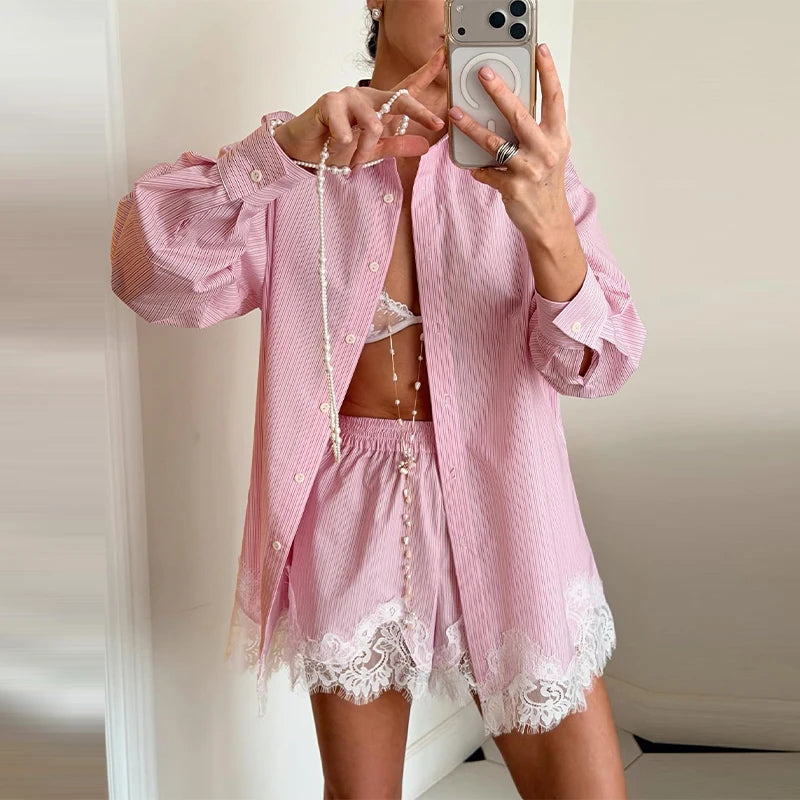 Long Sleeve Button Up Lace Patchwork Shorts Set