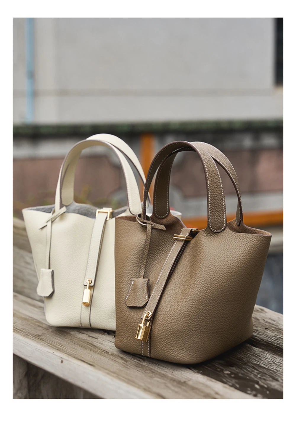 Genuine Leather Bucket Bag with Lock