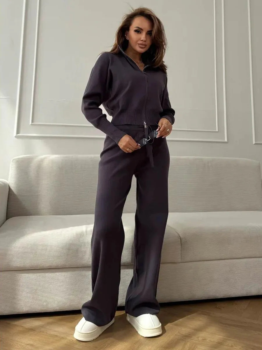 Knit Zip Up Cardigan Wide Leg Pants Set