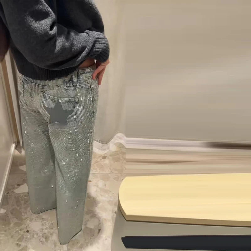 Sparkling Star Denim Wide-leg Pants