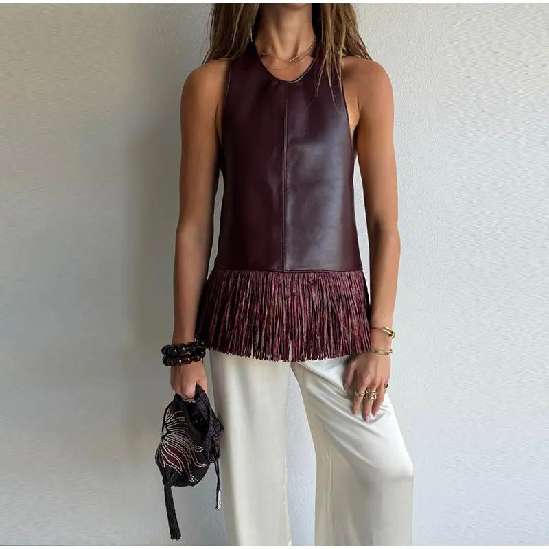 Faux Leather Fringe Halter Top