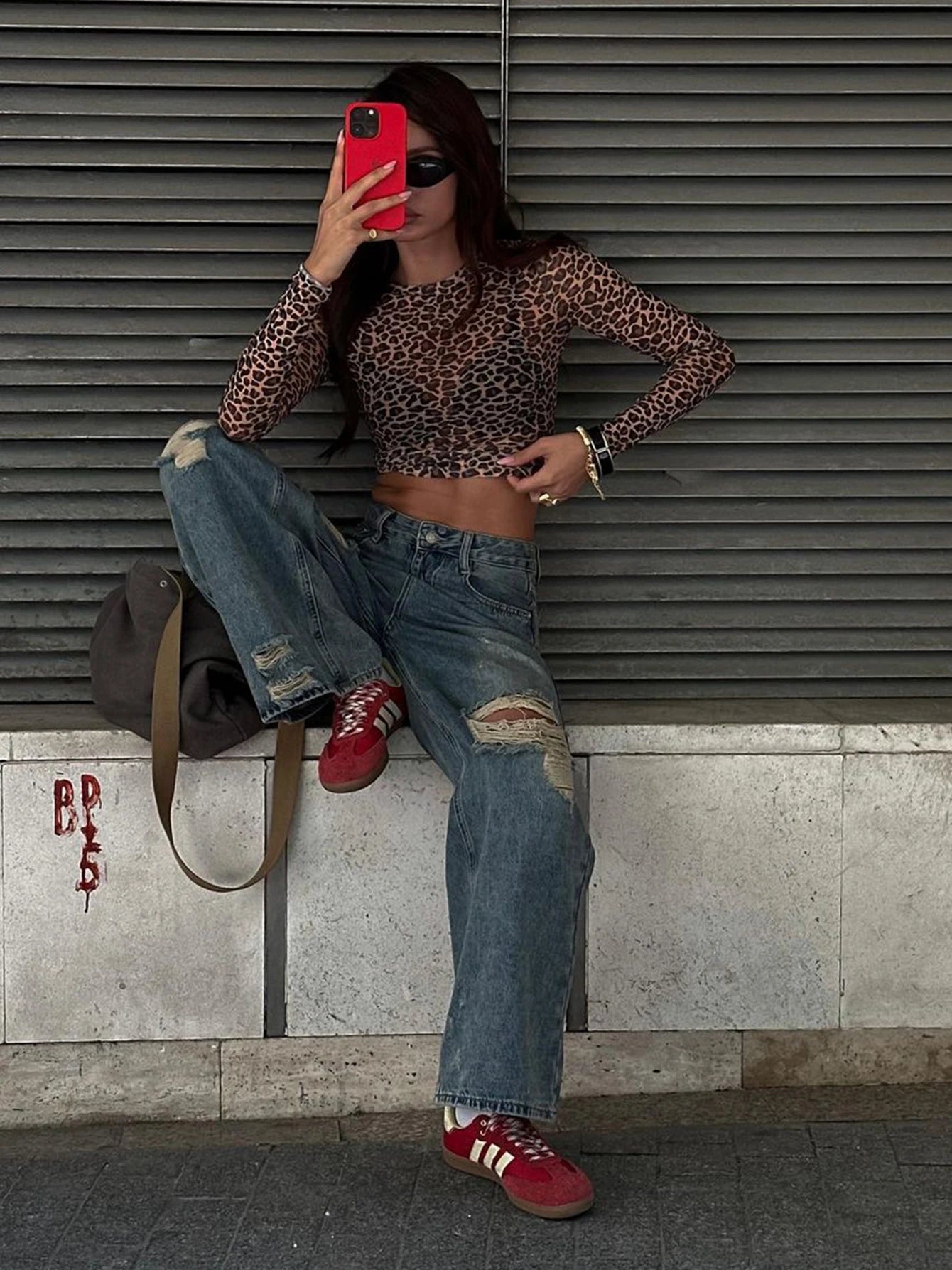 Leopard Bodycon Long Sleeve Crop