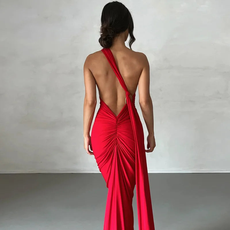 One Shoulder Backless Ruched Dress