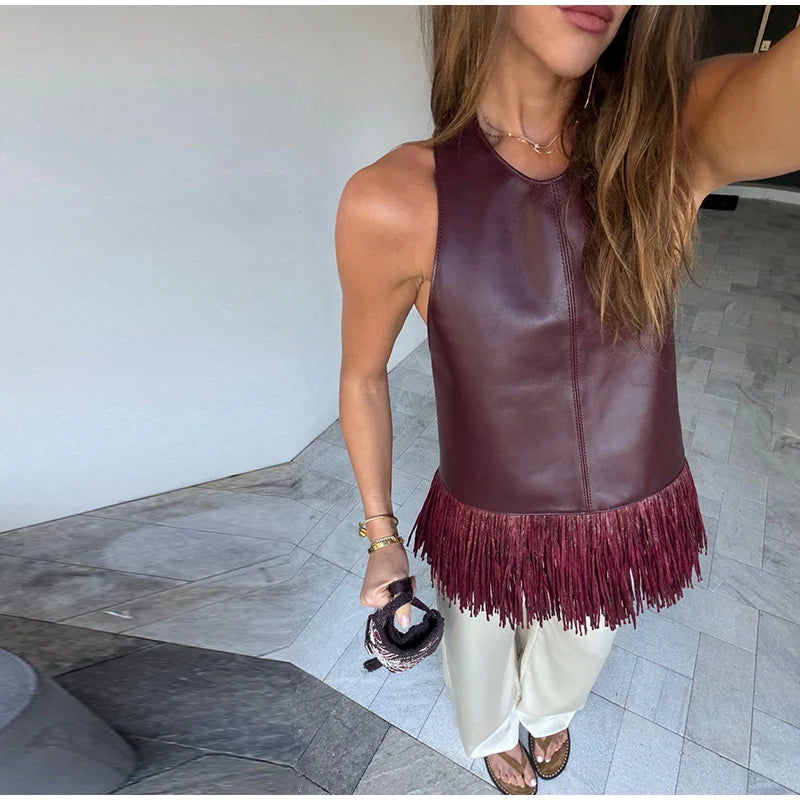 Faux Leather Fringe Halter Top
