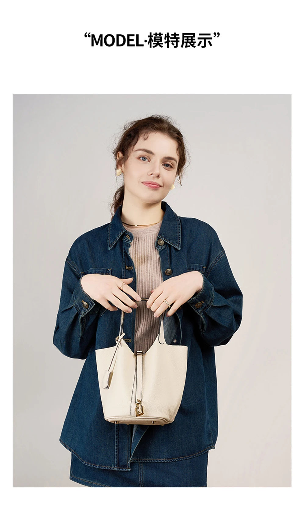 Genuine Leather Bucket Bag with Lock