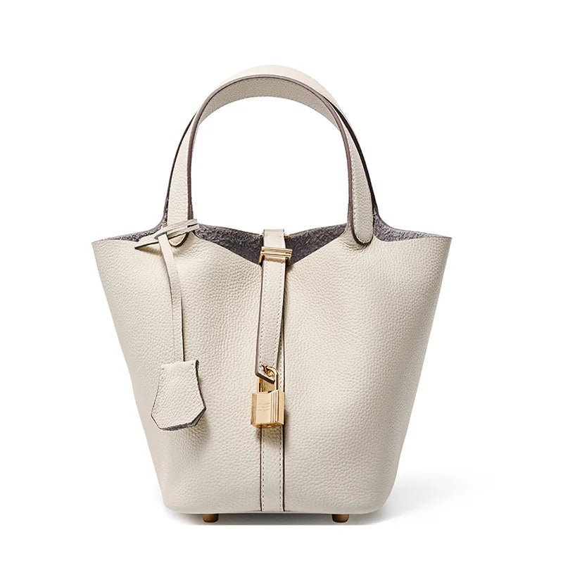 Genuine Leather Bucket Bag with Lock