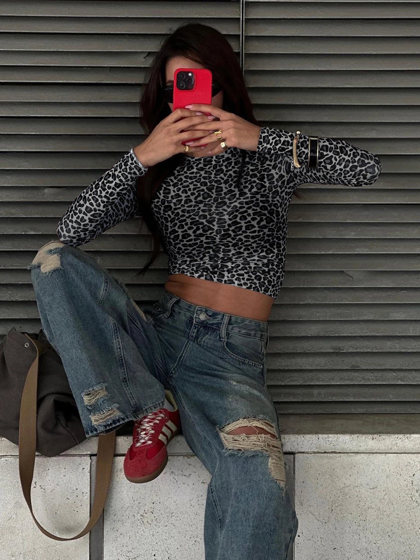 Leopard Bodycon Long Sleeve Crop