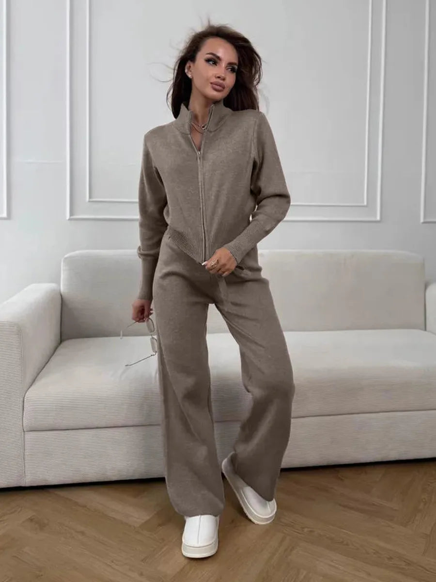Knit Zip Up Cardigan Wide Leg Pants Set