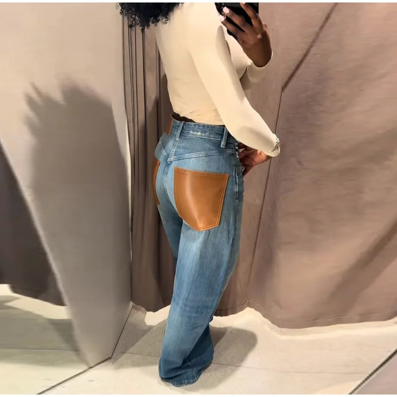 Leather Patchwork Denim Trousers