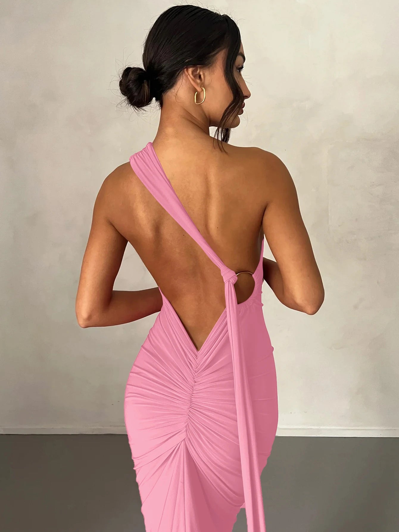 One Shoulder Backless Ruched Dress