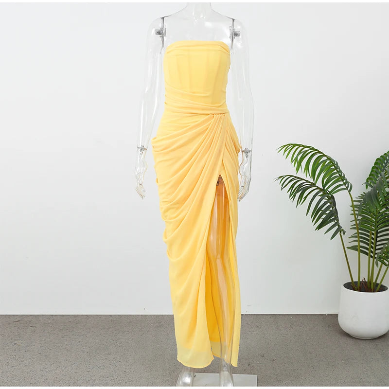 Solid Pleated Strapless Dress