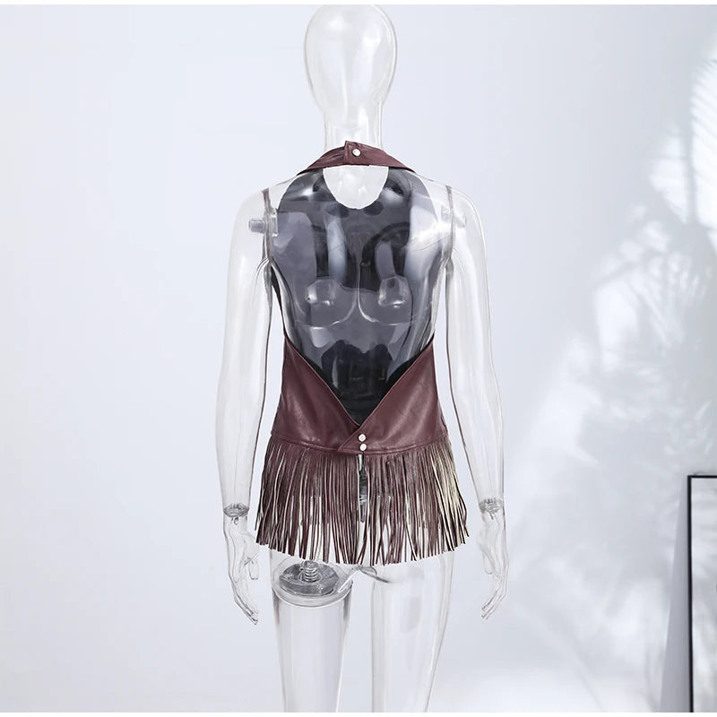 Faux Leather Fringe Halter Top