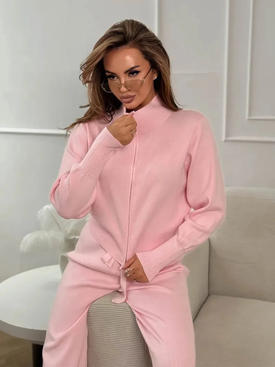 Knit Zip Up Cardigan Wide Leg Pants Set