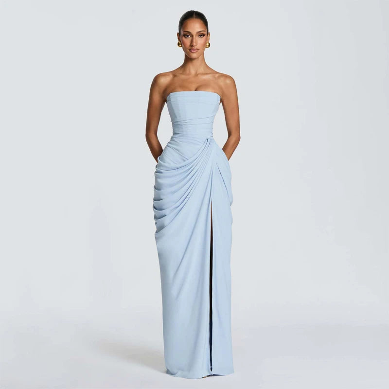 Solid Pleated Strapless Dress