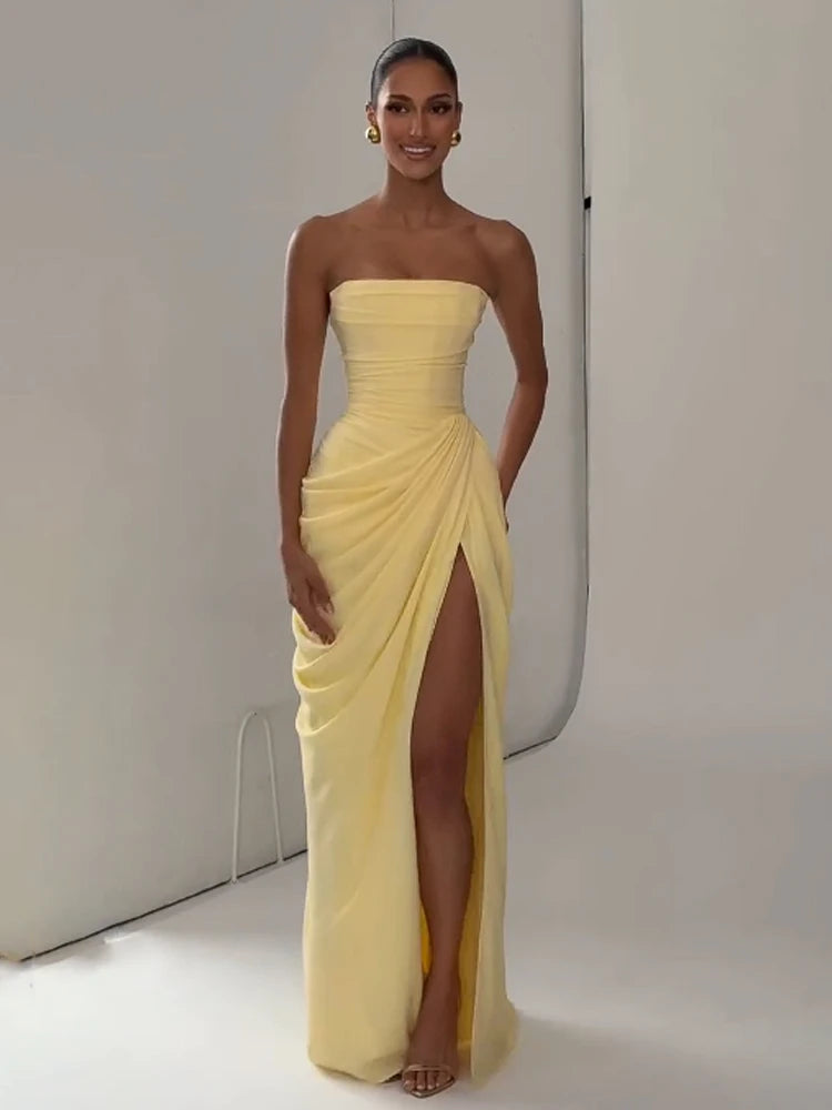 Solid Pleated Strapless Dress