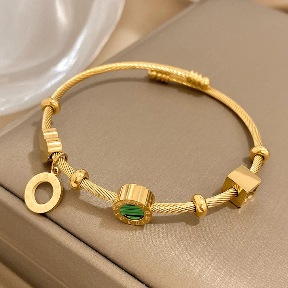 Stainless Steel Malachite Charm Bracelet