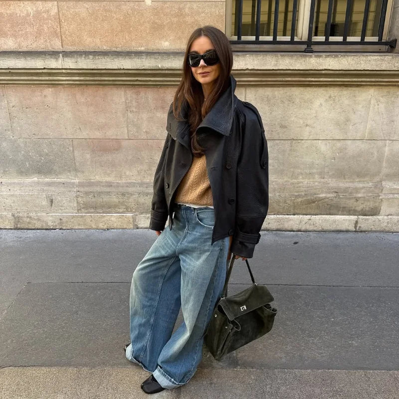 Leather Patchwork Denim Trousers