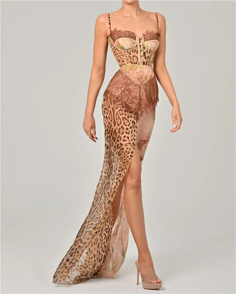 Sheer Leopard Print Lace Chiffon Maxi Dress