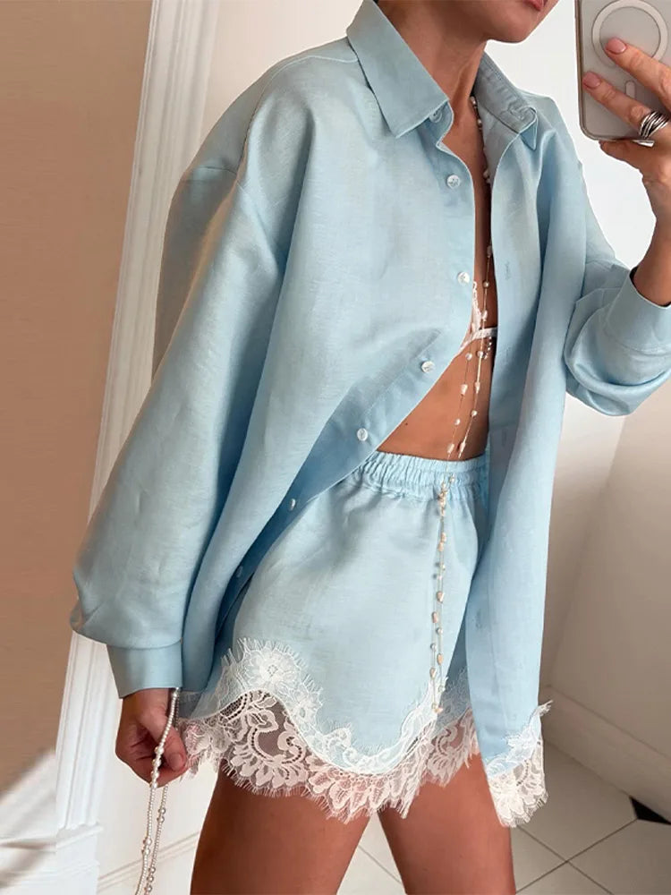 Long Sleeve Button Up Lace Patchwork Shorts Set
