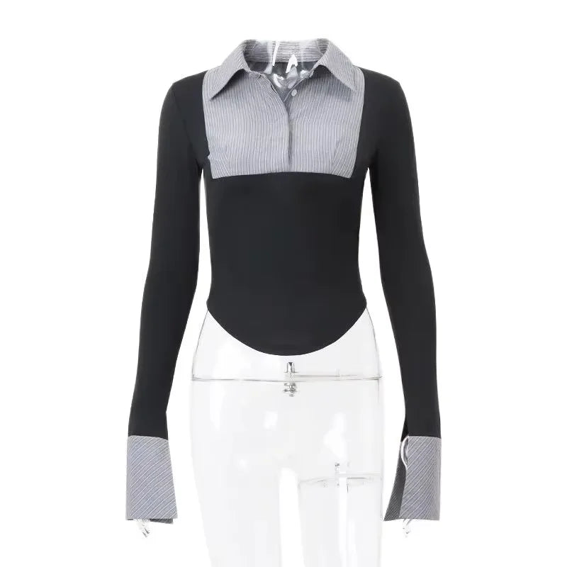 Striped Polo Collar Crop Top