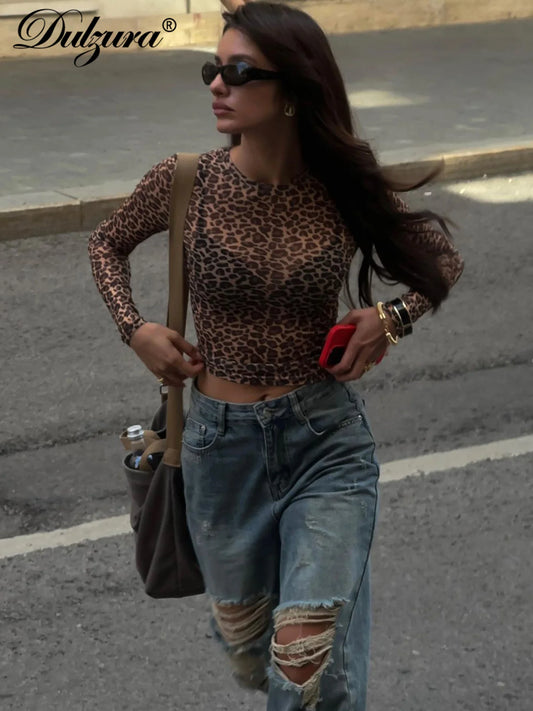 Leopard Bodycon Long Sleeve Crop