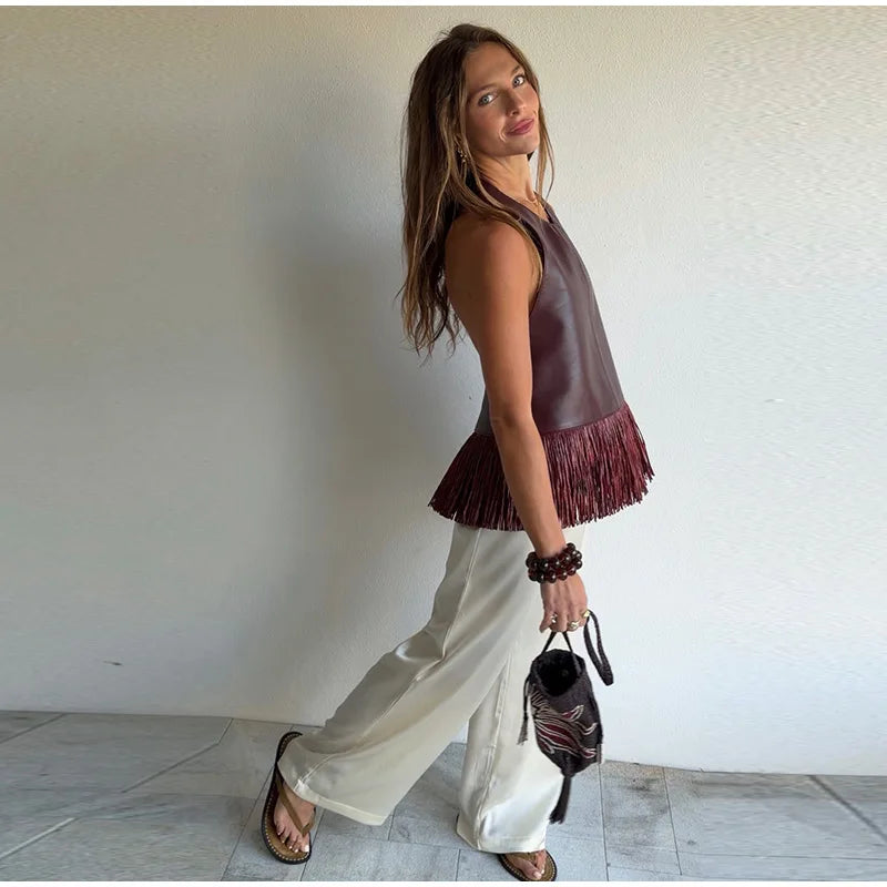 Faux Leather Fringe Halter Top
