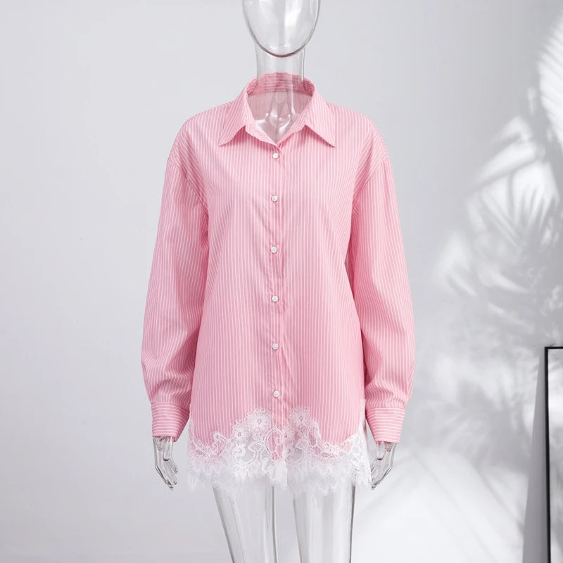 Long Sleeve Button Up Lace Patchwork Shorts Set