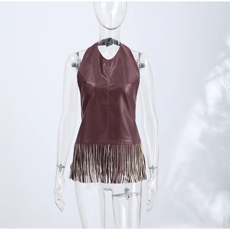Faux Leather Fringe Halter Top