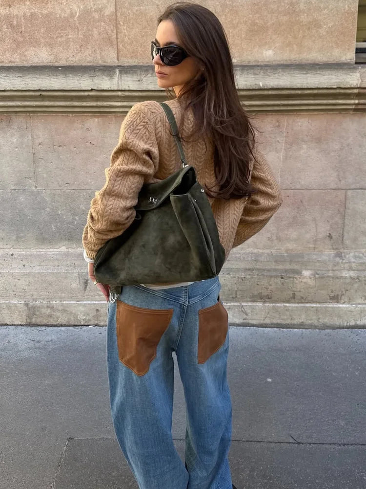 Leather Patchwork Denim Trousers