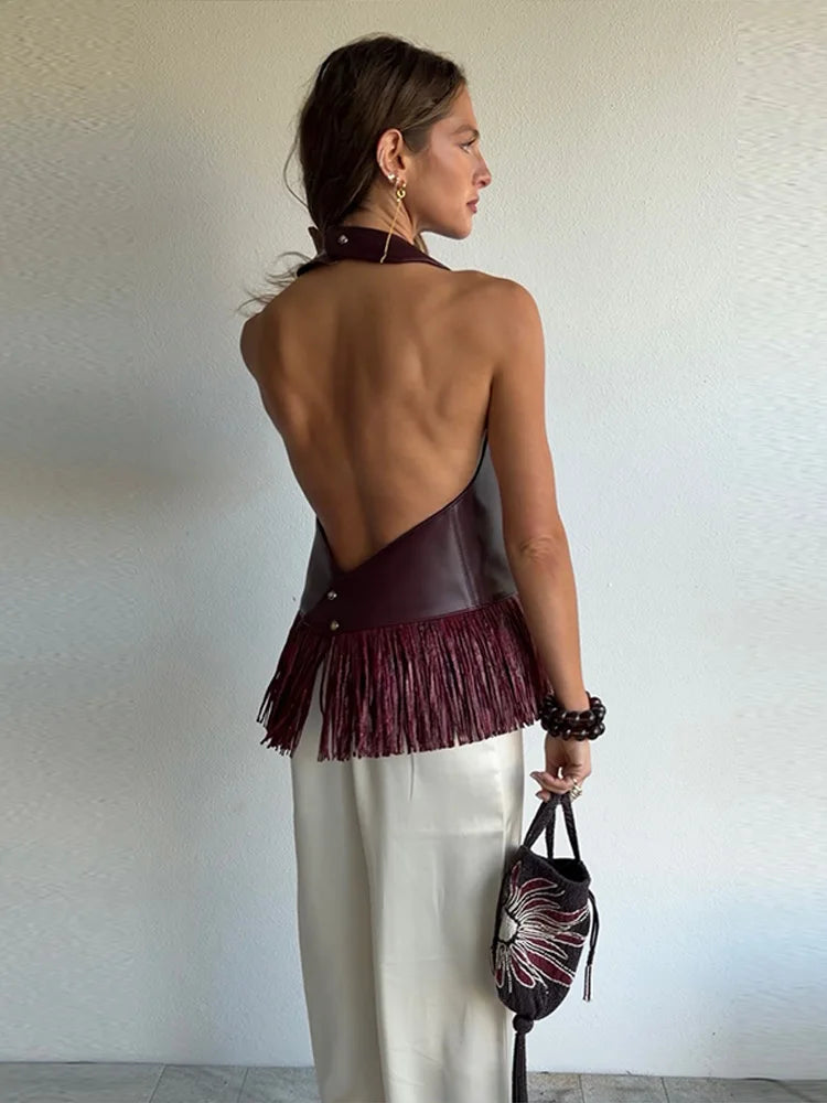Faux Leather Fringe Halter Top