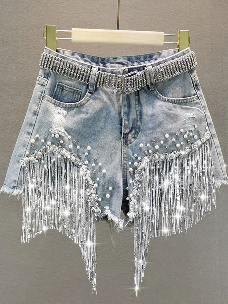 Tassel Beading High Waist Denim Shorts No Belt