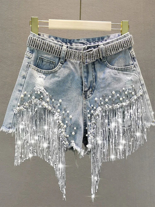 Tassel Beading High Waist Denim Shorts No Belt