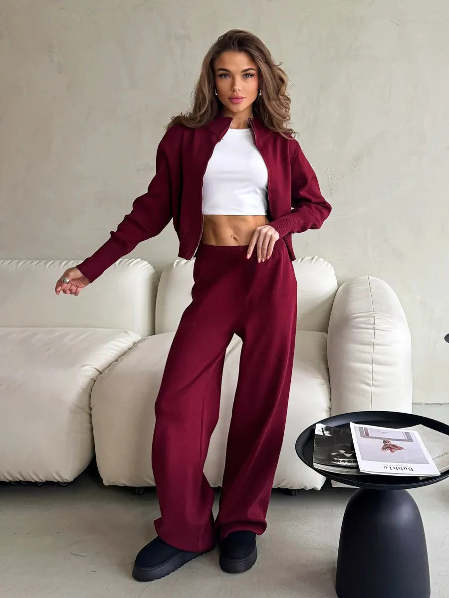 Knit Zip Up Cardigan Wide Leg Pants Set
