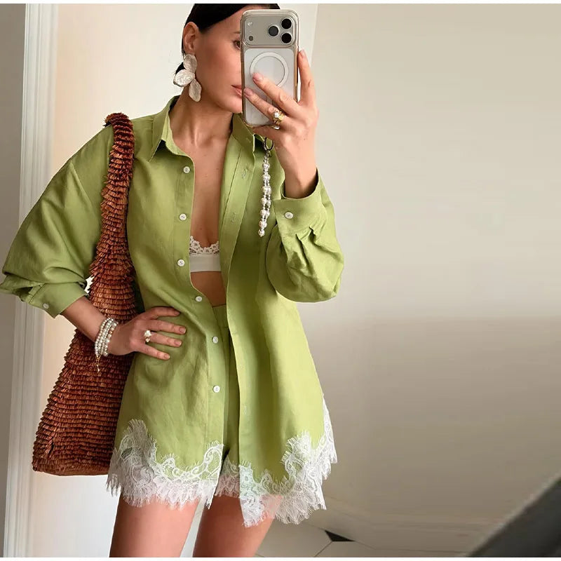 Long Sleeve Button Up Lace Patchwork Shorts Set