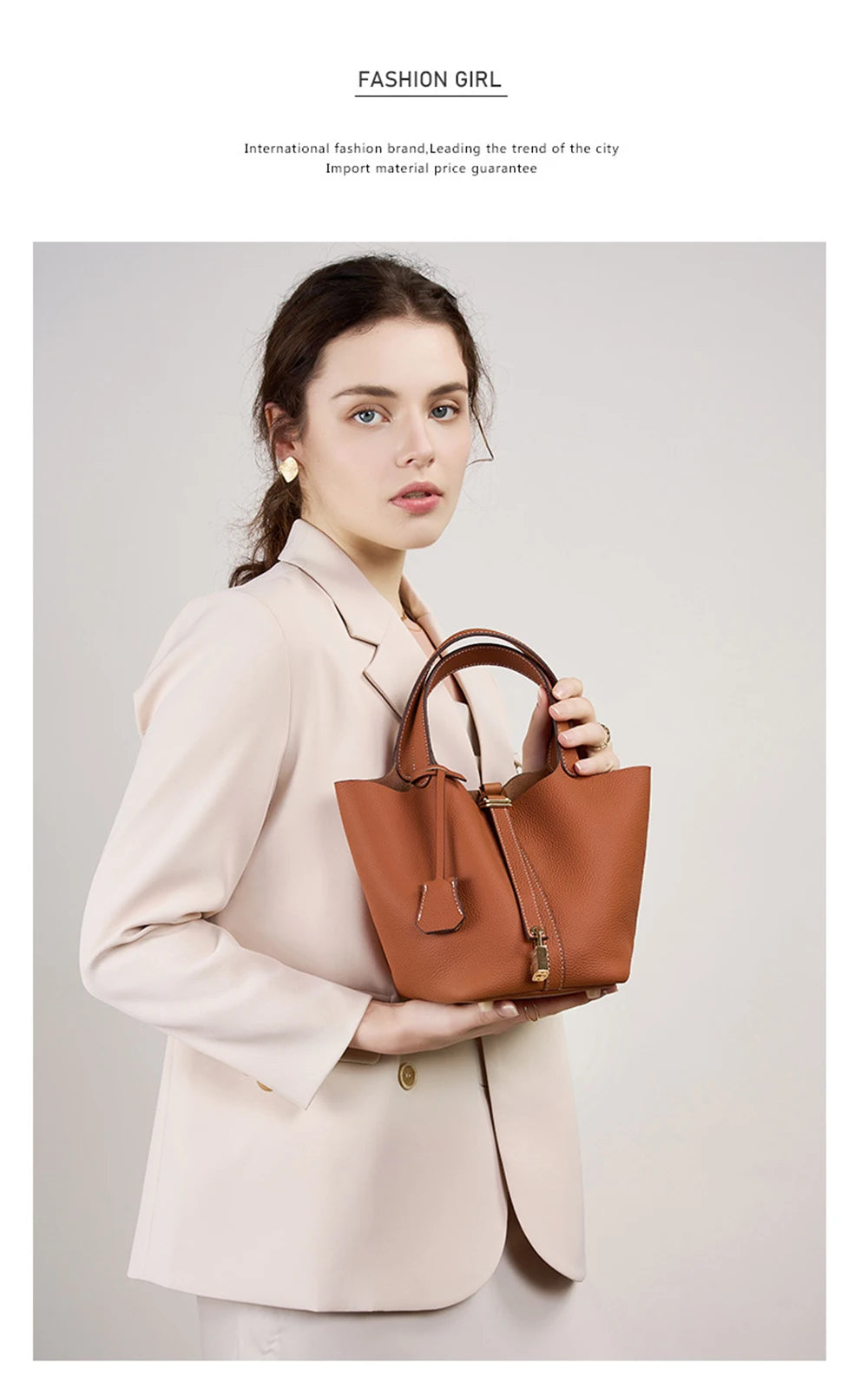 Genuine Leather Bucket Bag with Lock