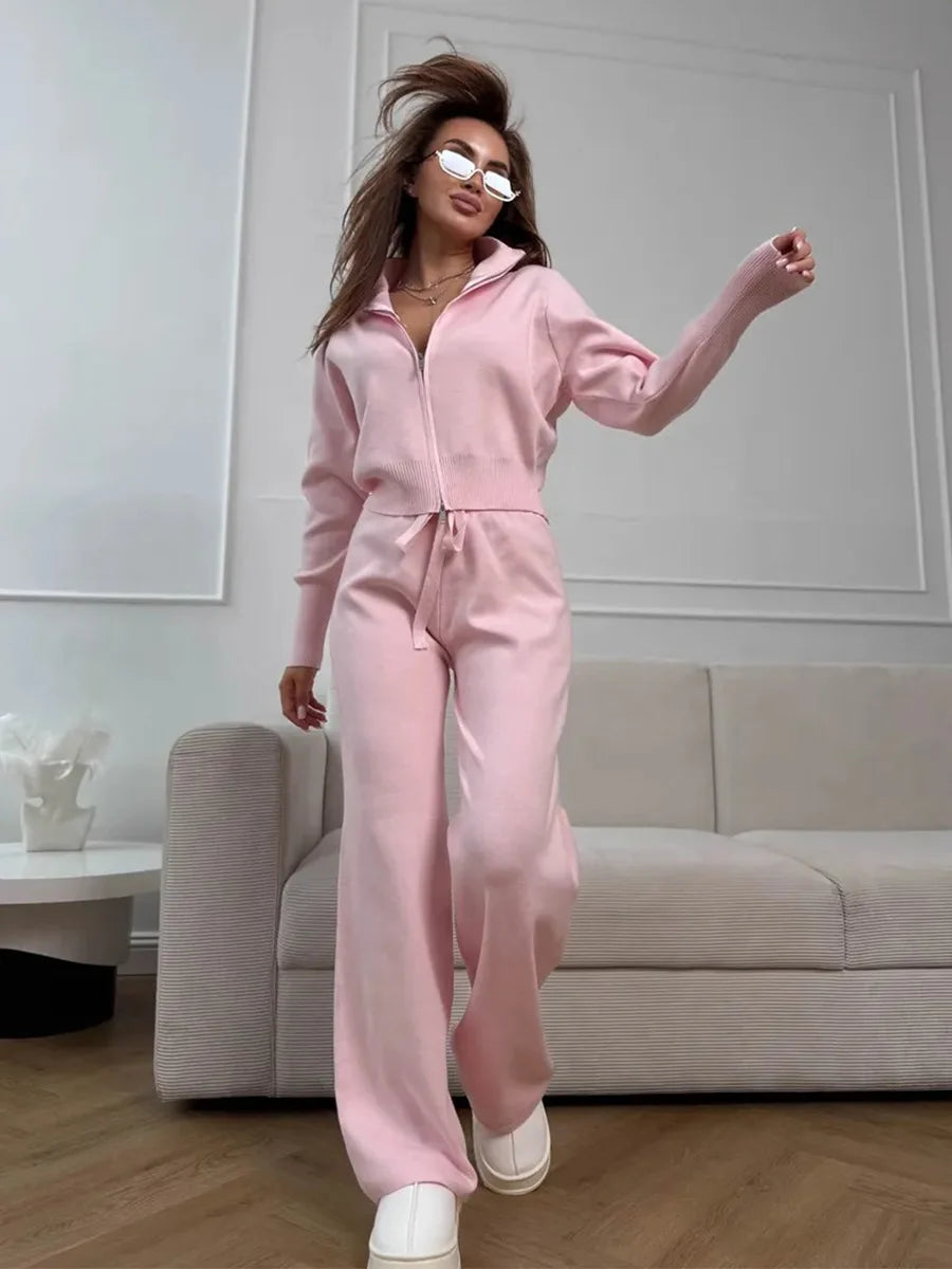 Knit Zip Up Cardigan Wide Leg Pants Set