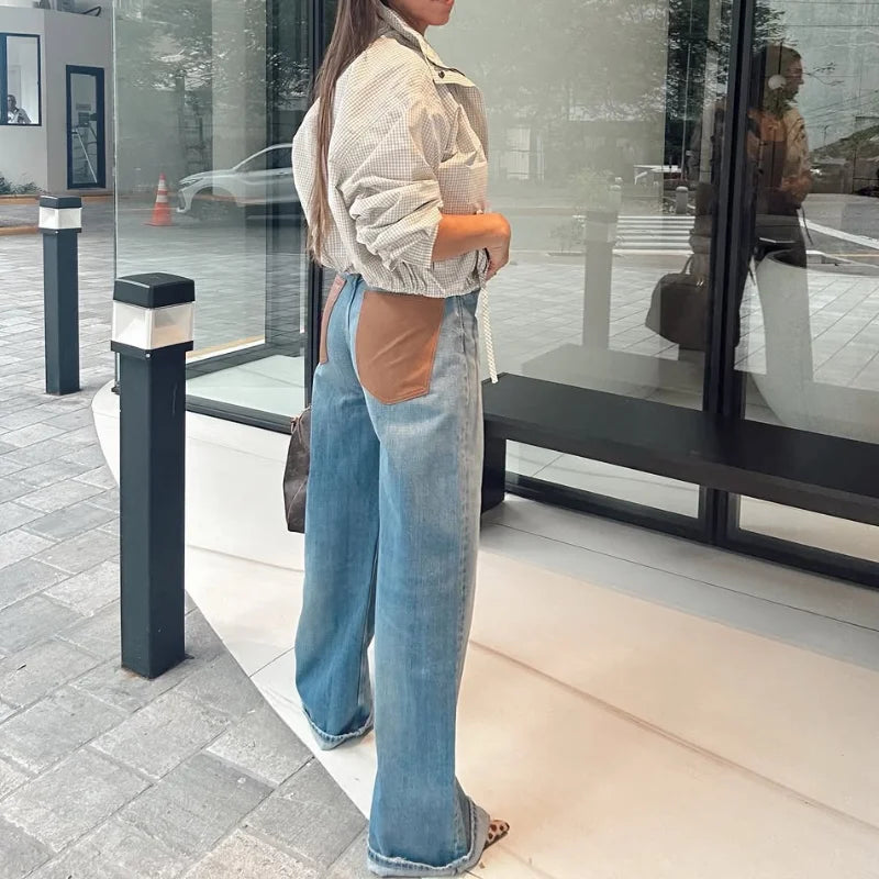 Leather Patchwork Denim Trousers