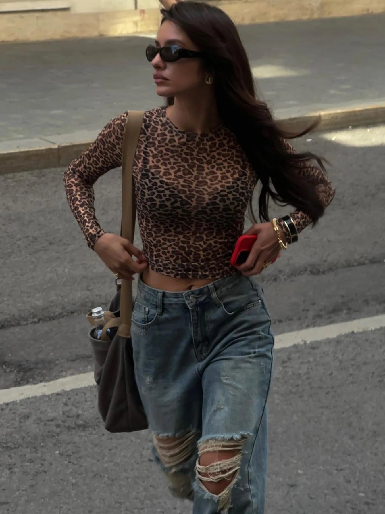 Leopard Bodycon Long Sleeve Crop