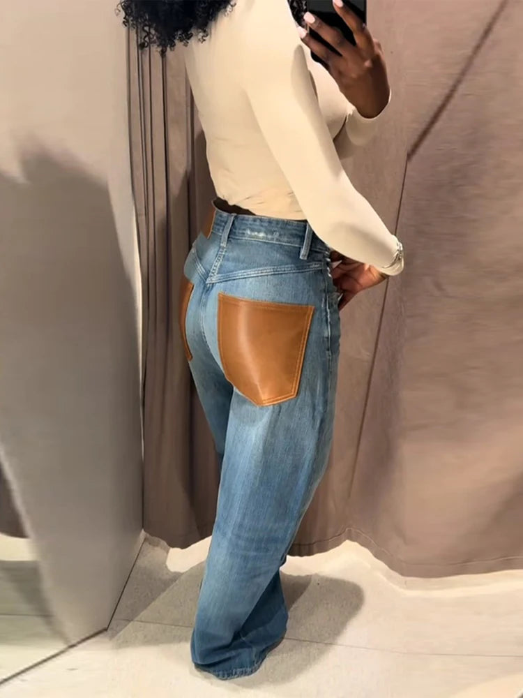 Leather Patchwork Denim Trousers