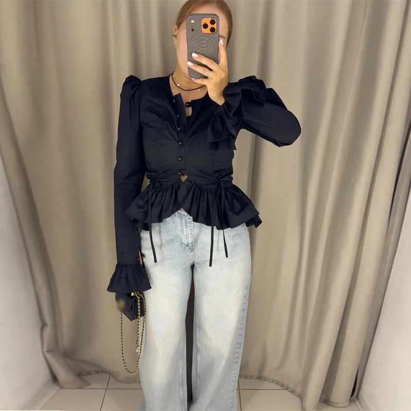 Ruffles Drawstring Fitted Blouse