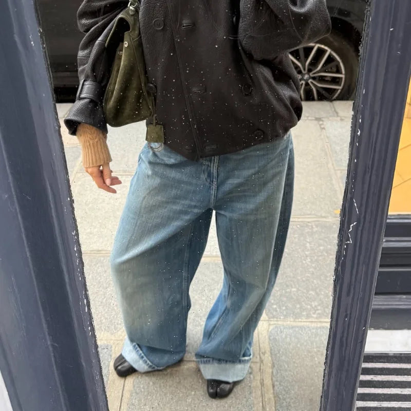 Leather Patchwork Denim Trousers